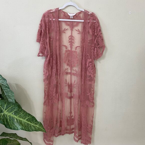 LC Lauren Conrad lace duster cardigan Womens OS Boho long line Rose color. - Picture 5 of 11